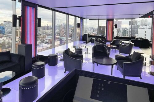 Micro Club venue is a compact space that has floor-to-ceiling windows in a high-rise tower with unique acoustic challenges that demanded a creative solution.
